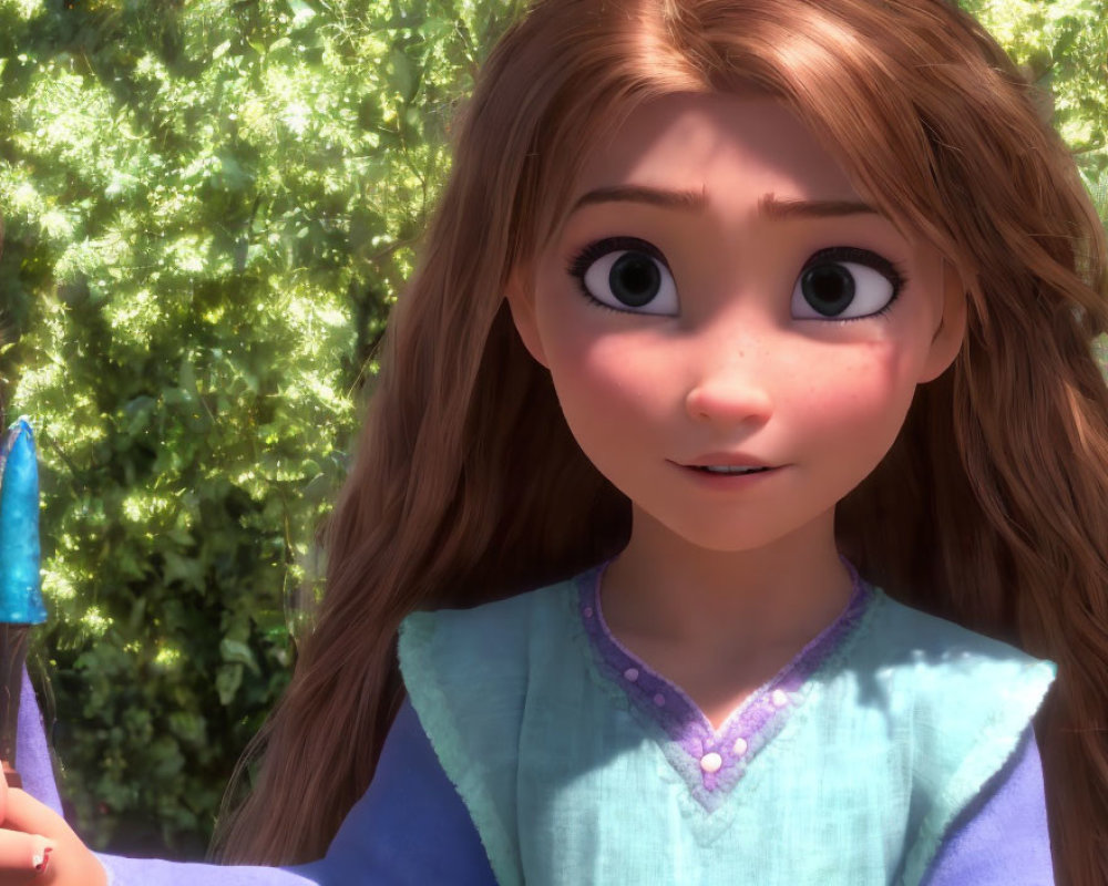 Animated female character with large green eyes and blue paintbrush in green foliage