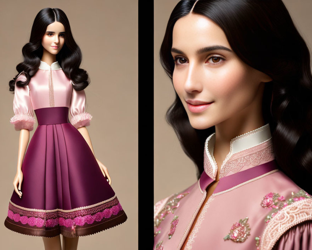 Realistic doll vs. human female in pink and purple outfits with detailed embroidery