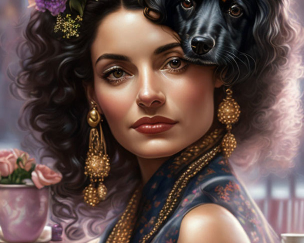 Digital artwork: Woman with flowers in hair and black dog in cafe.
