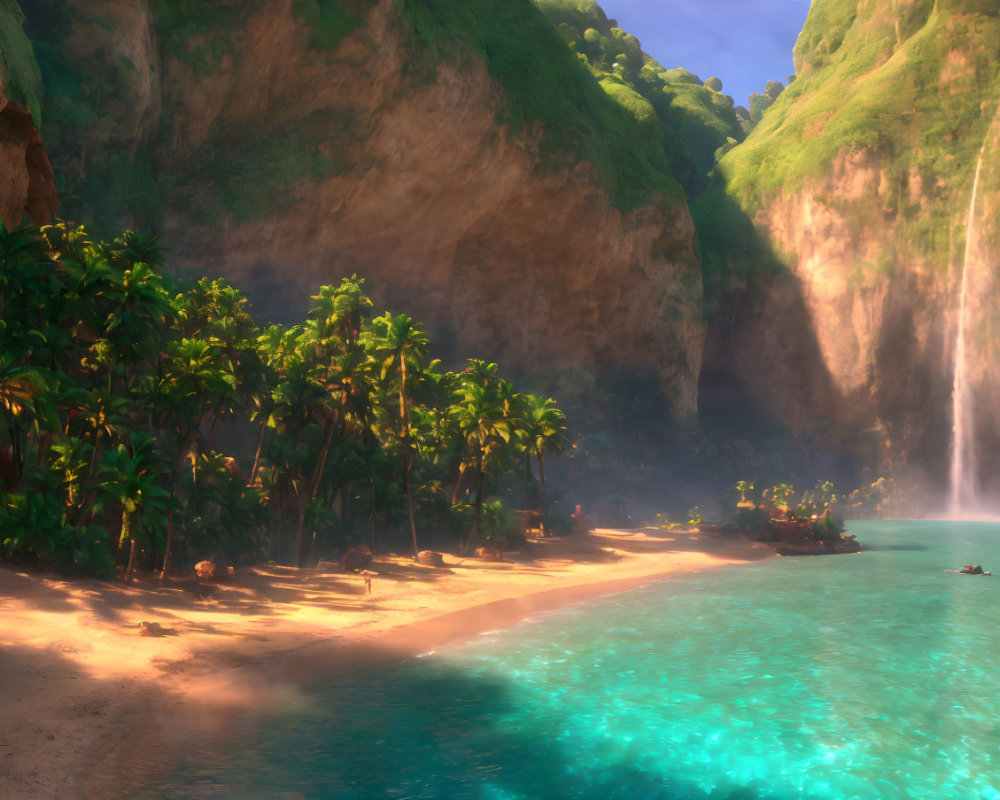 Tropical beach with palm trees, waterfall, turquoise waters