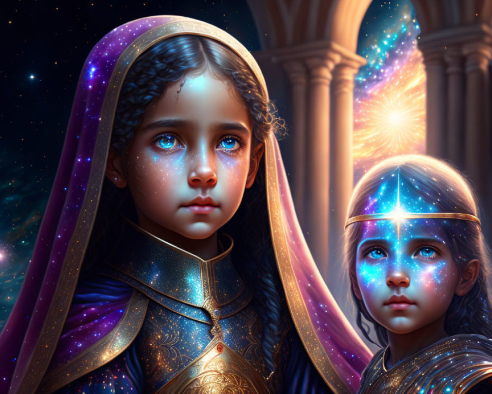 Digital artwork featuring young girl with blue eyes in starry cape & helmeted child with cosmic aura.