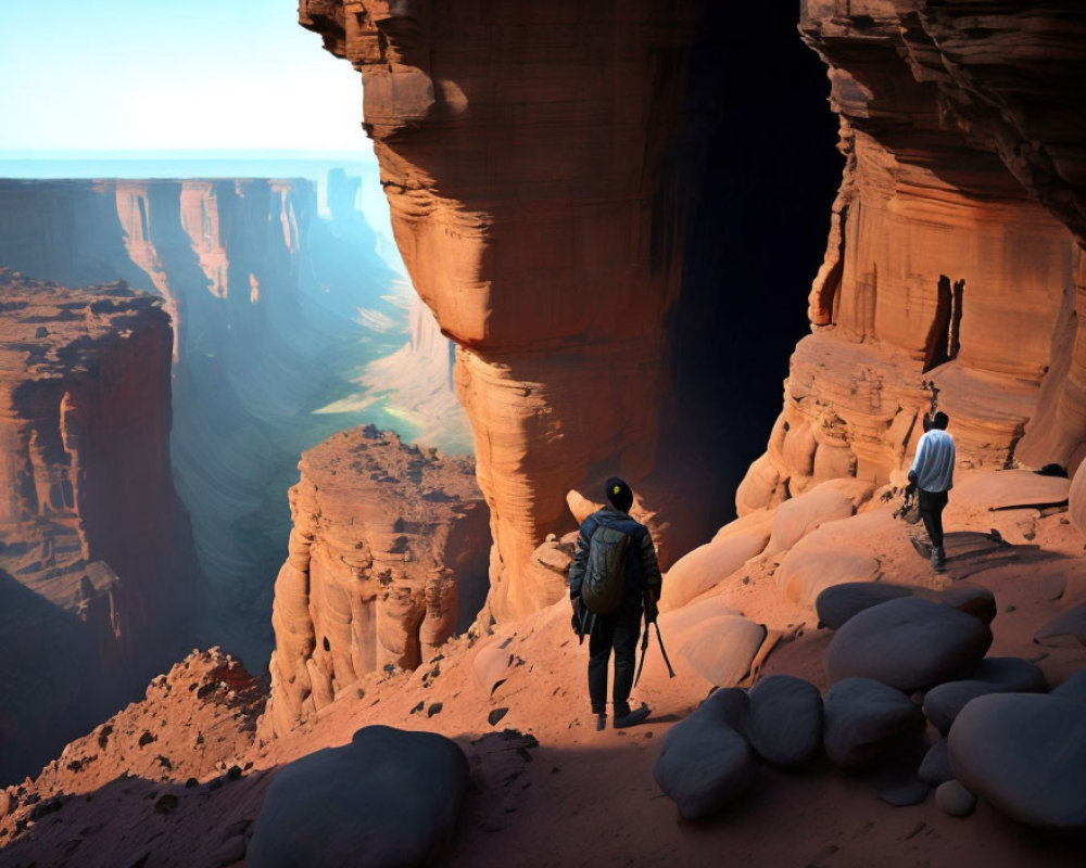 Hikers on rocky overhang admire vast canyon with sunlit cliffs