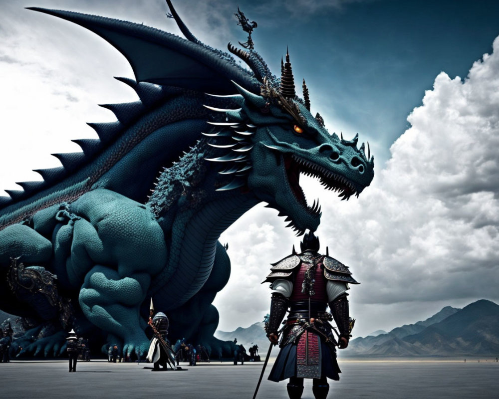 Blue Dragon Dominates Armored Warriors in Cloudy Landscape