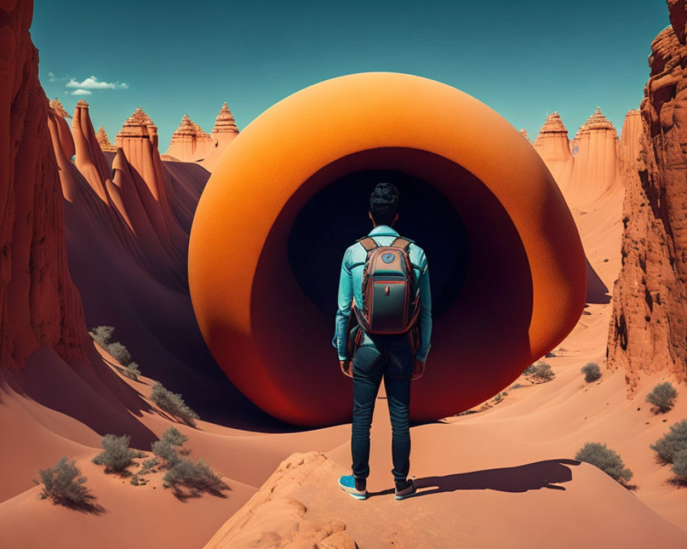 Backpacker in desert landscape with surreal orange torus