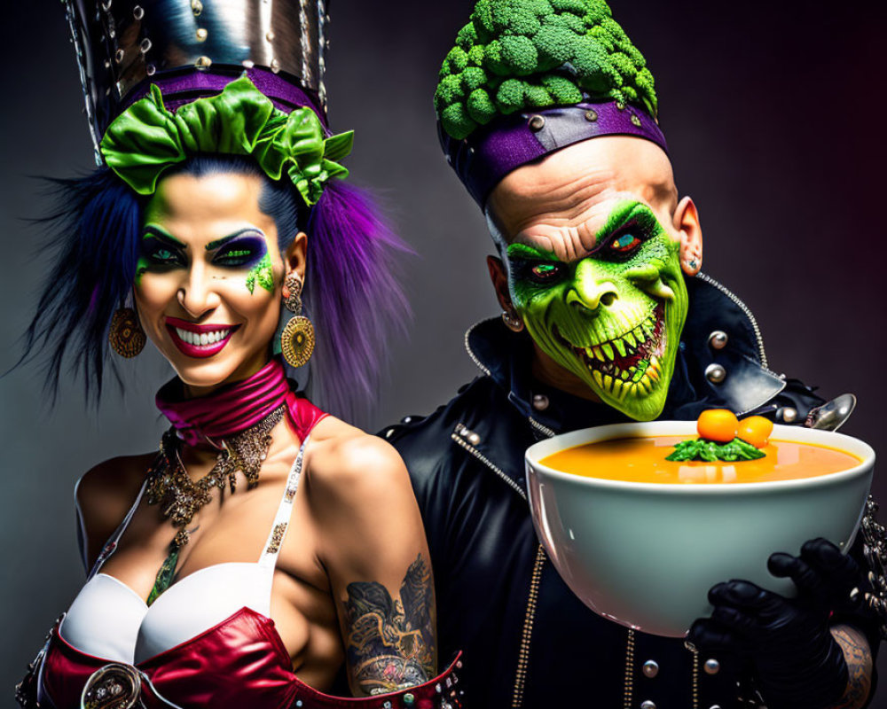 Two individuals in comic book villain makeup posing with soup bowl