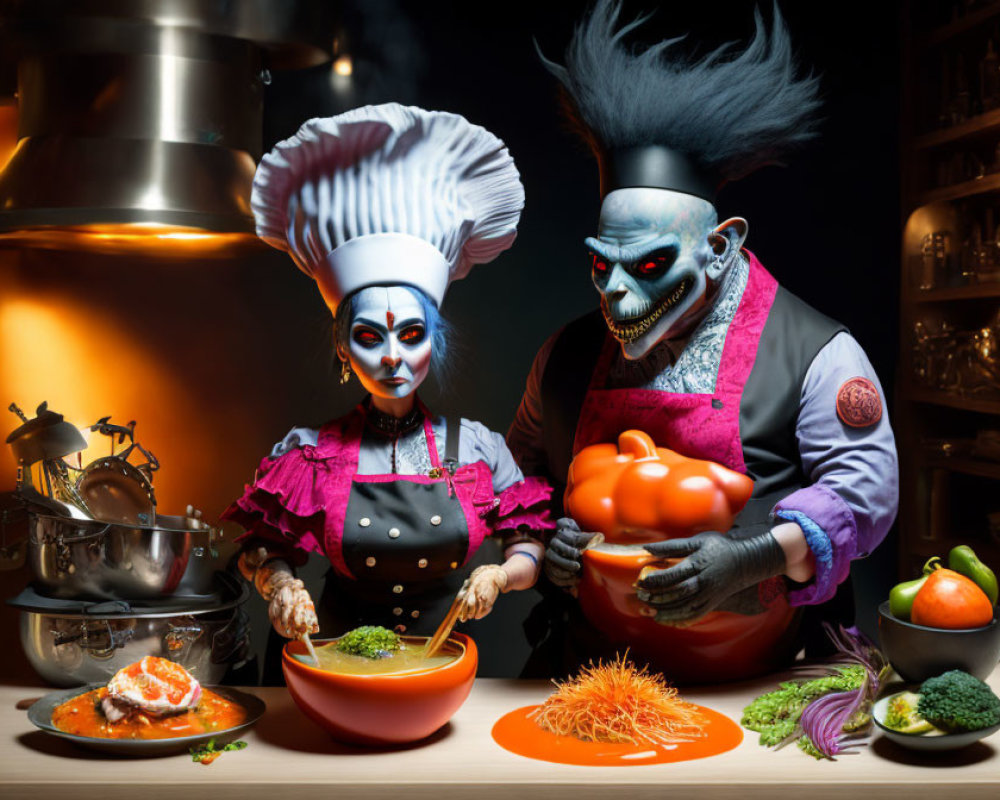 Eerie clown makeup duo cooking in atmospheric kitchen