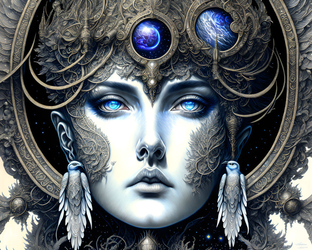 Symmetrical digital artwork of ornate female figure with celestial headgear