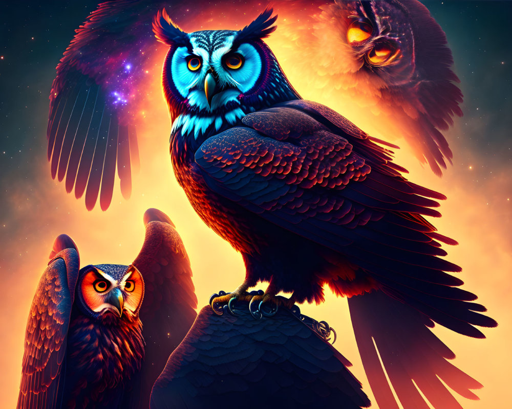 Vibrant digital artwork featuring three stylized owls against fiery sky