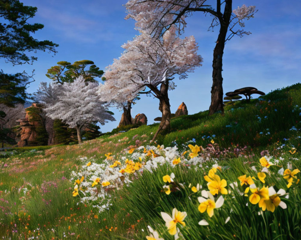 Blooming cherry blossom tree and daffodils on vibrant grassy hill