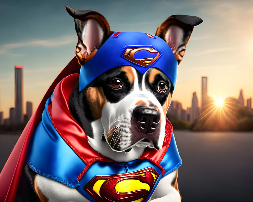 Dog in Superman Costume with Red Cape in City Skyline Sunset