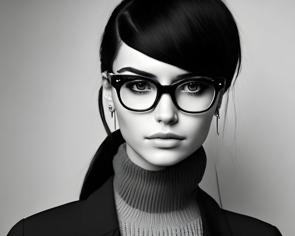Monochrome portrait of woman with glasses and turtleneck