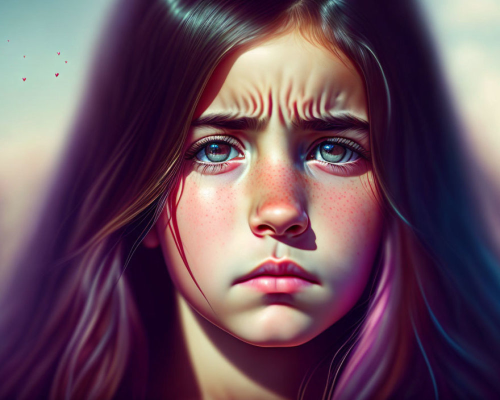 Detailed digital portrait of a young girl with expressive eyes and freckles