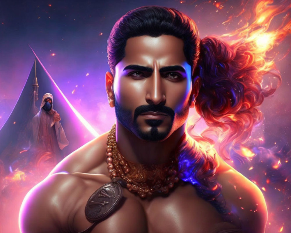 Muscular man with fiery background and cloaked figure with spear