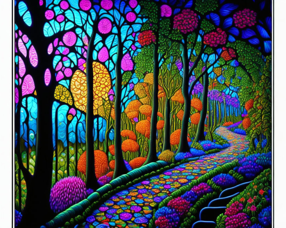 Colorful Forest Scene with Bright Foliage and Enchanted Atmosphere