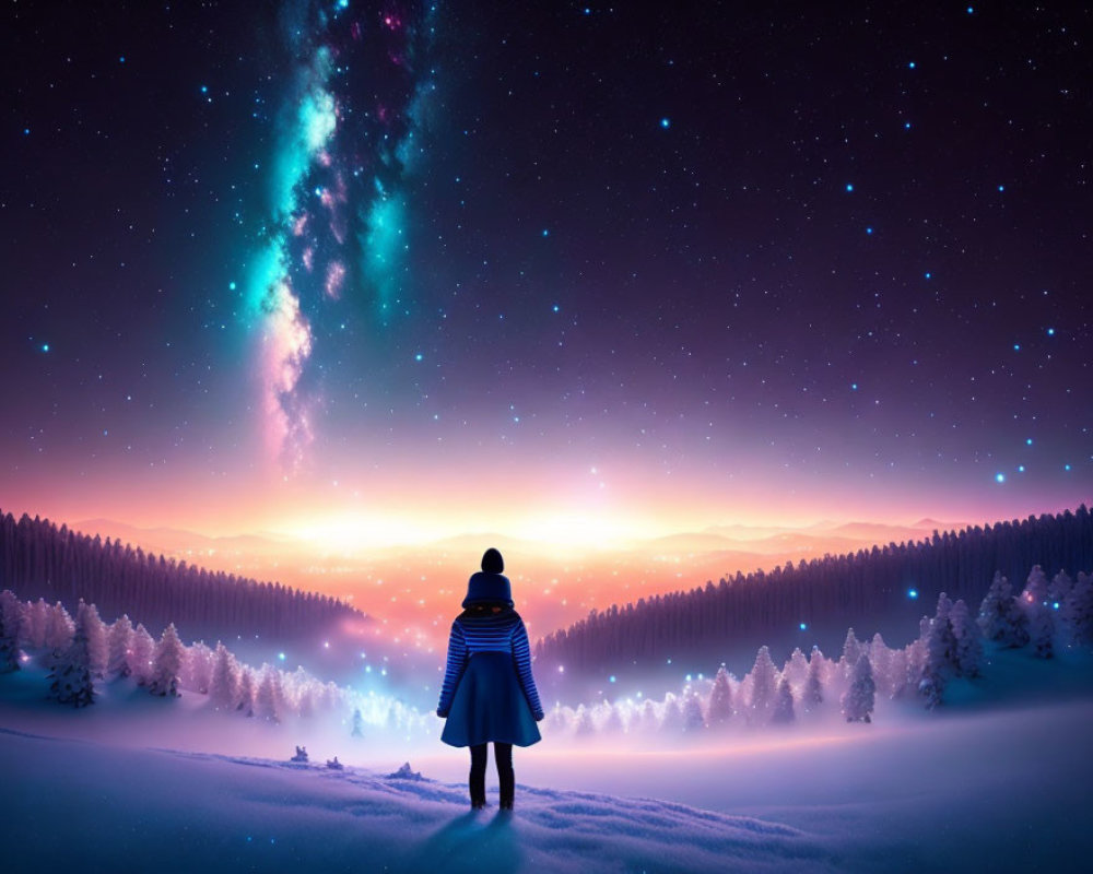 Person admires sunrise, galaxy, and forest in snow scene