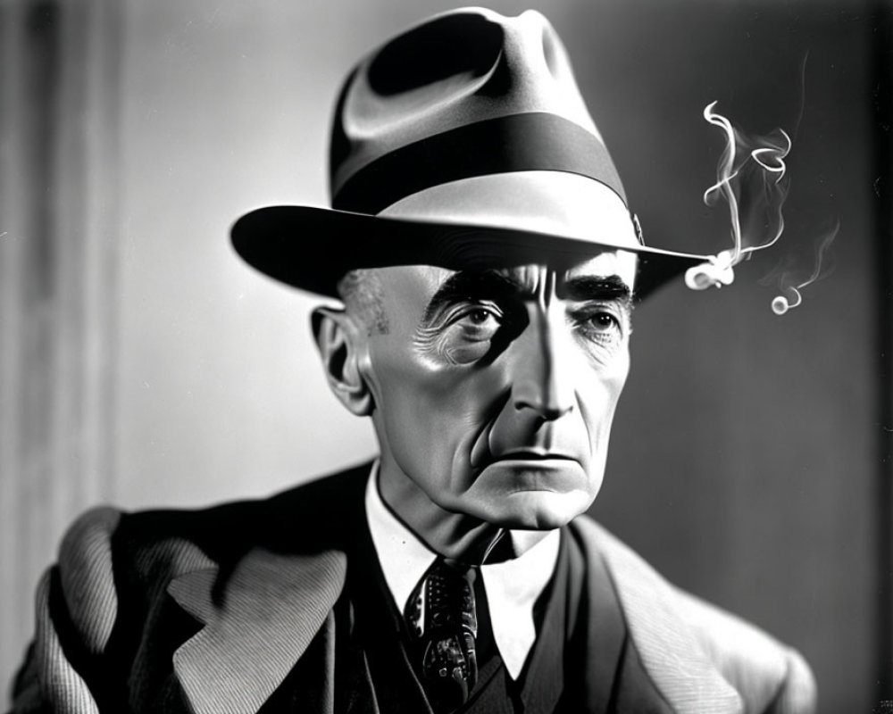 Monochrome image of a man in suit and hat smoking cigarette