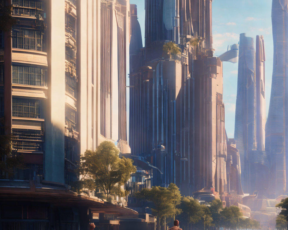 Futuristic cityscape with skyscrapers, pedestrians, and flying vehicles