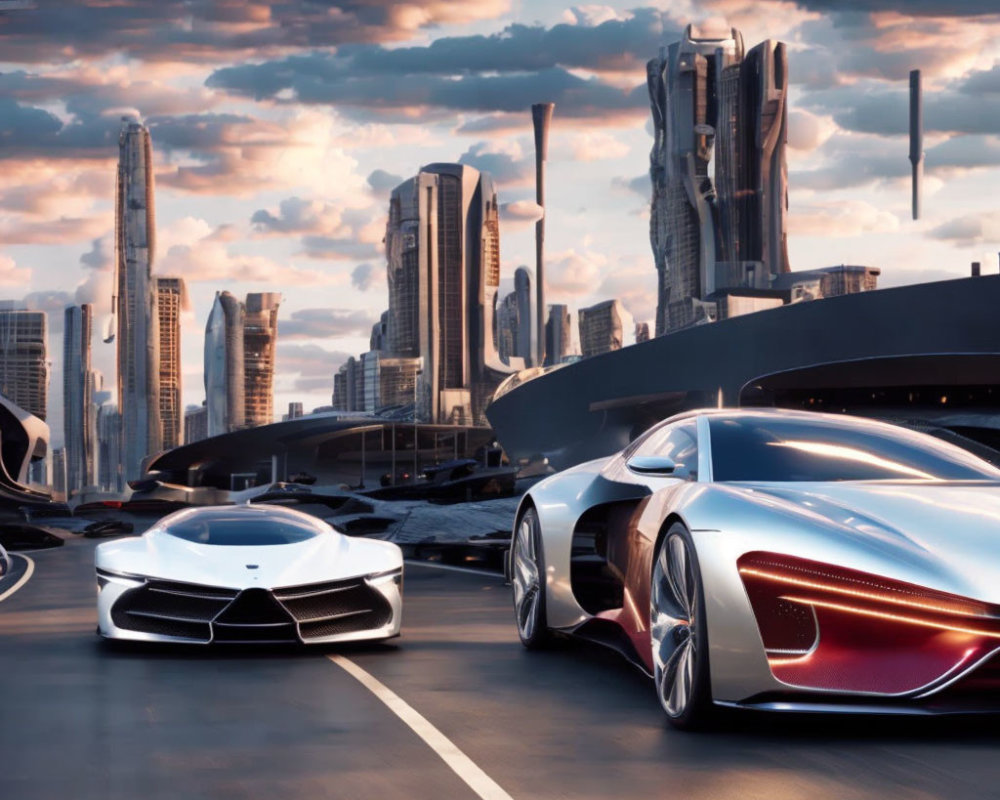 Futuristic cars on city road with sleek skyscrapers and dramatic sunset sky