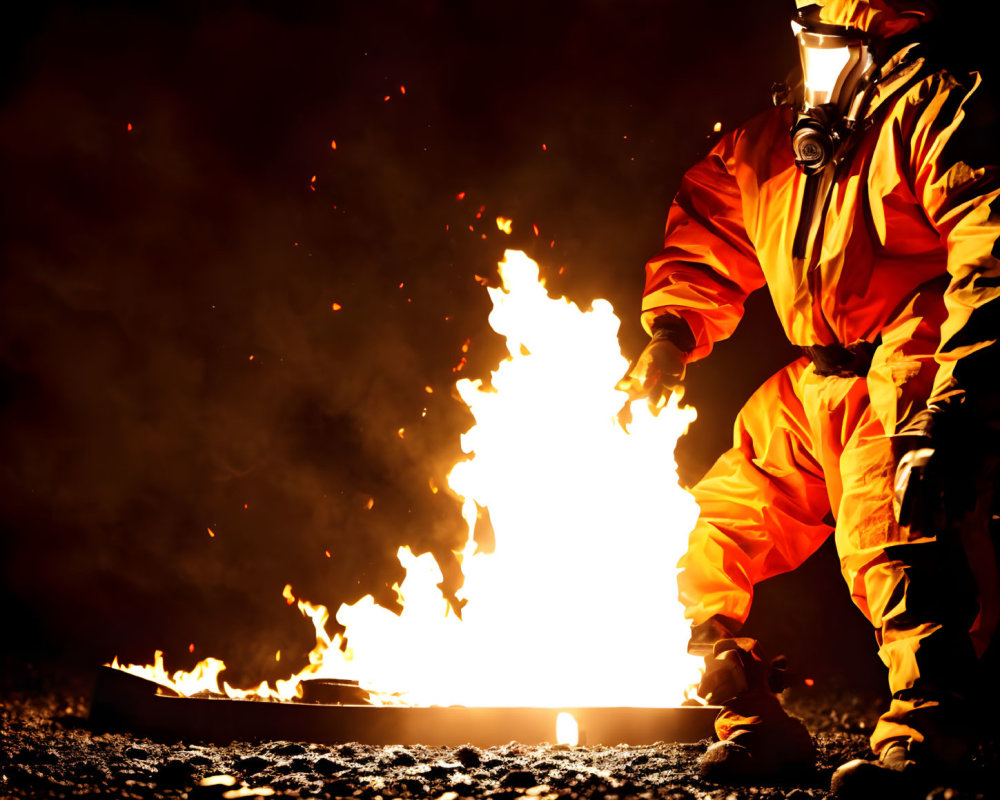 Firefighter in protective gear near blazing fire at night