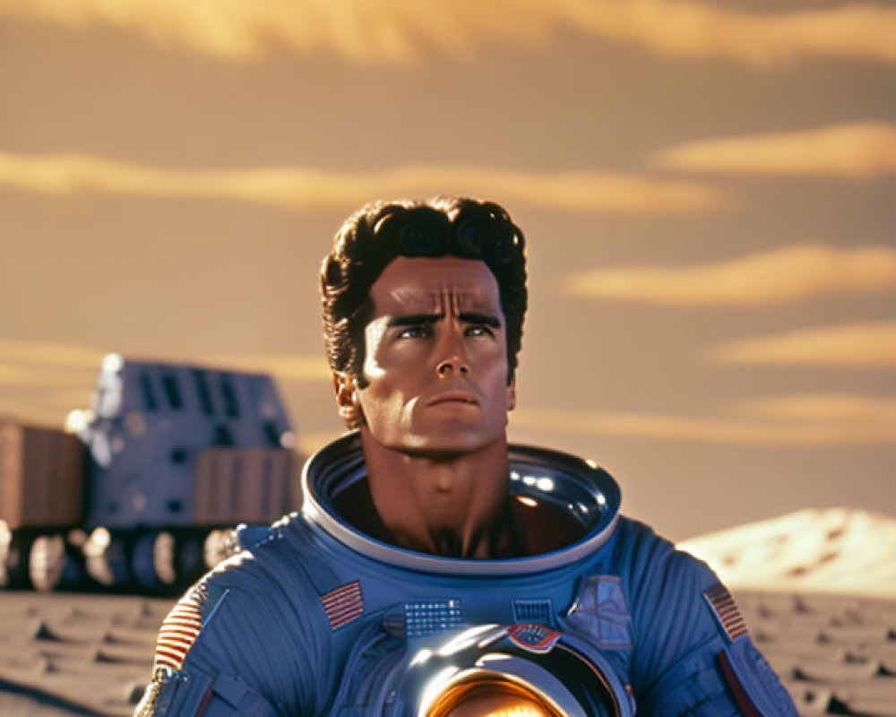Reflective space suit astronaut on desert terrain with rover and eclipsed sun