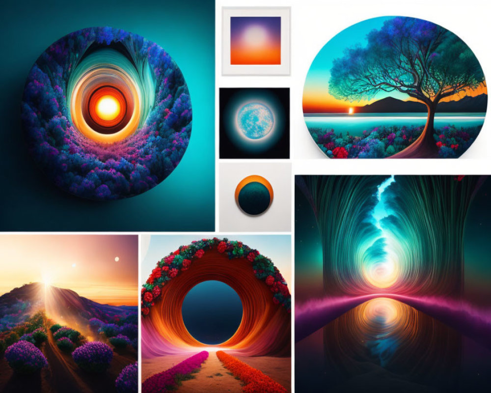 Colorful Surreal Landscape Collage with Swirling Patterns