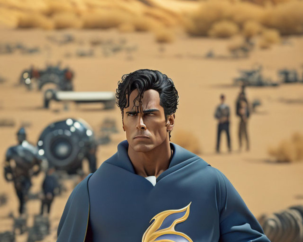 Superhero-like figure with dark hair in desert wearing lightning bolt cape