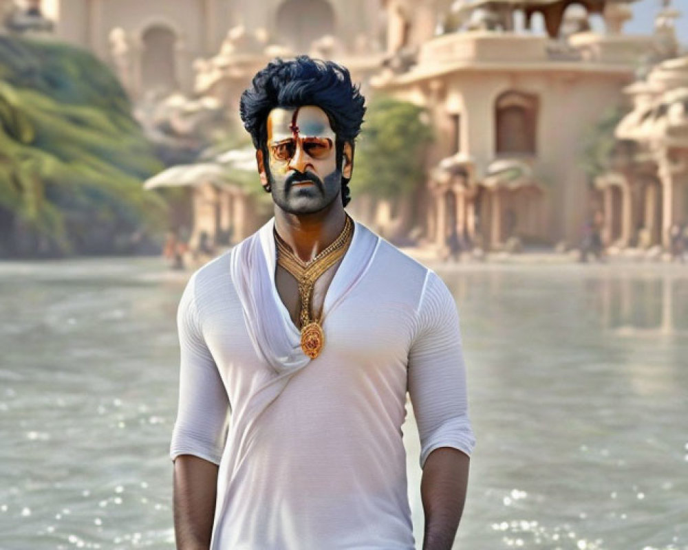 Serious man in traditional white attire against palace backdrop