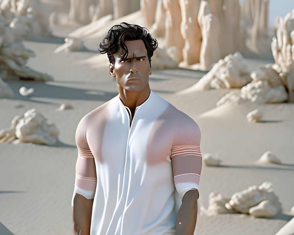 Exaggerated figure in pink and white outfit in surreal desert landscape