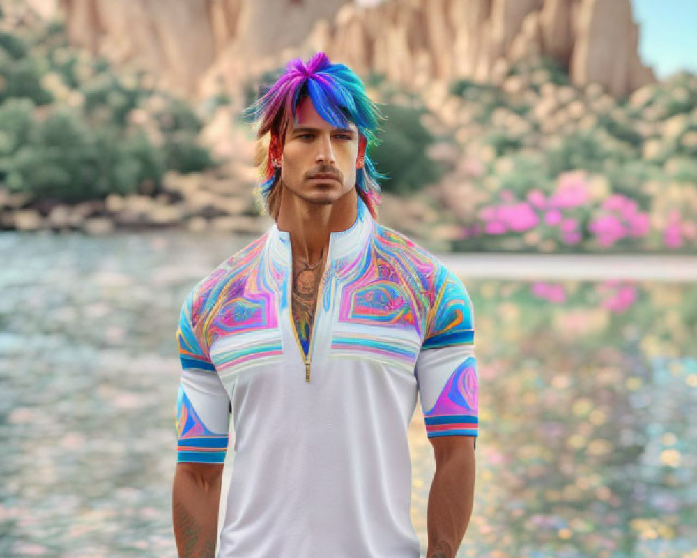 Colorfully dressed man by serene lake with rock formations