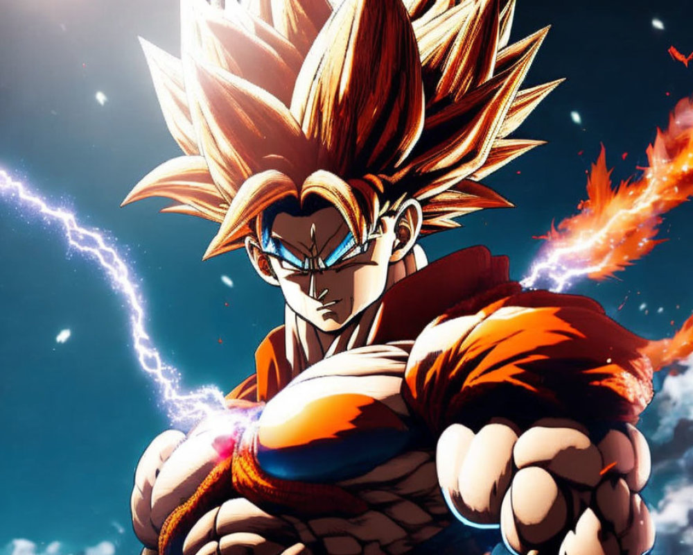 Spiky-haired animated character powers up against dramatic sky.