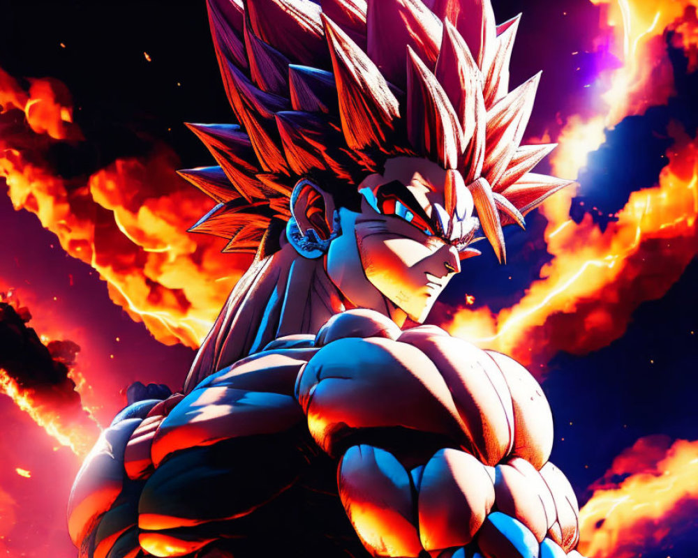 Muscular animated character with spiky hair in fiery space explosions