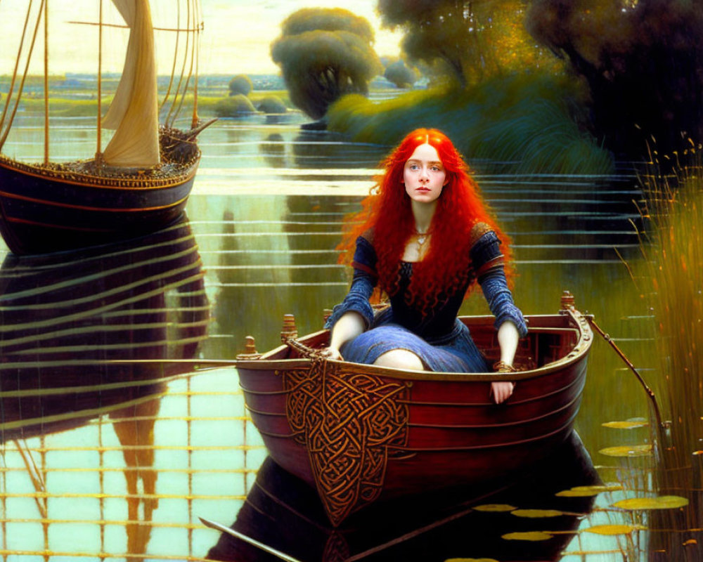 Fiery red-haired woman in small boat on calm waters with sailboat in lush greenery