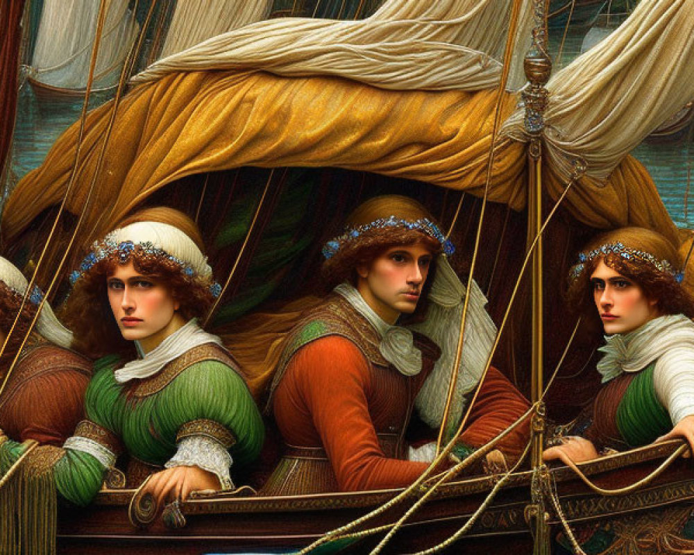 Detailed Painting: Four Individuals on Ornate Boat with Green Waters
