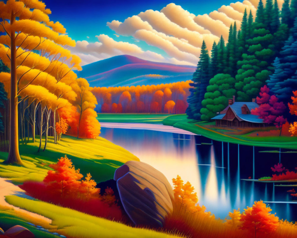Serene lake, colorful trees, cozy cottage: Autumn landscape with rolling hills