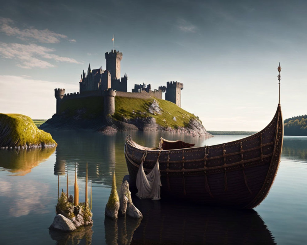 Majestic castle, Viking longship, and serene lake scene