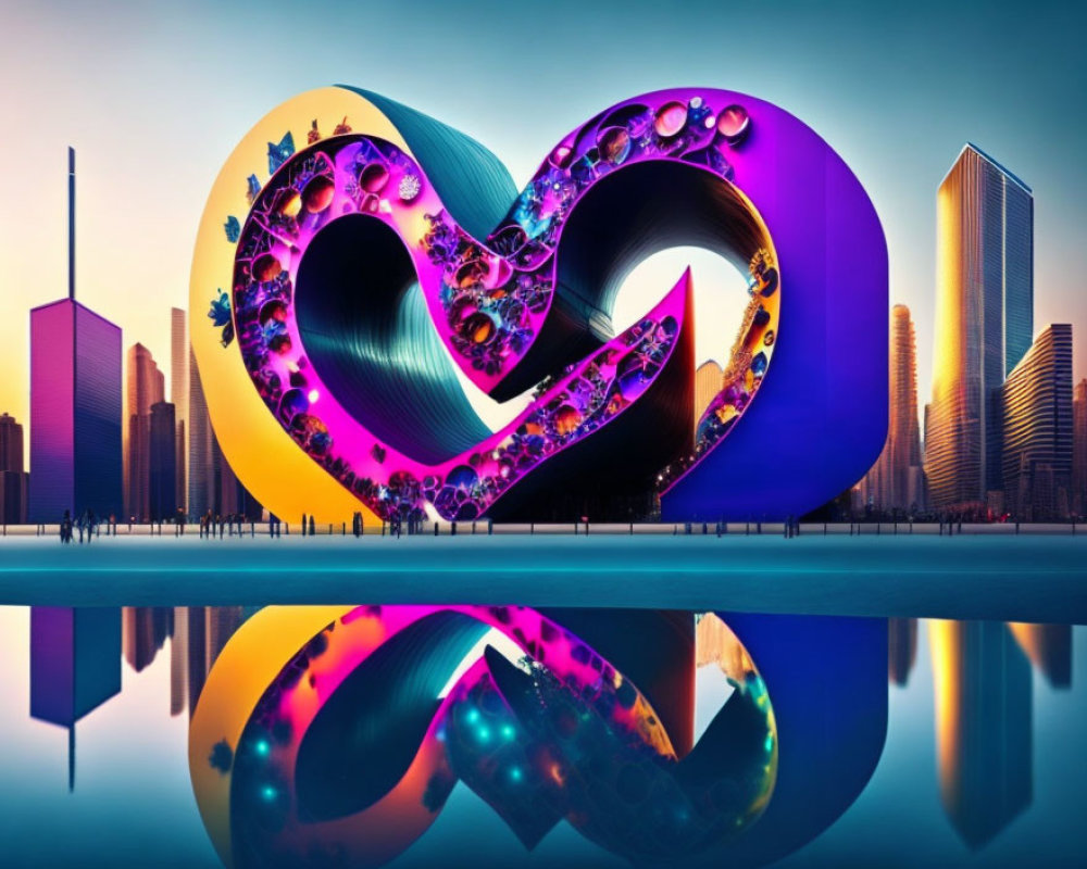 Colorful loop sculpture reflects on water by skyscrapers at sunrise/sunset