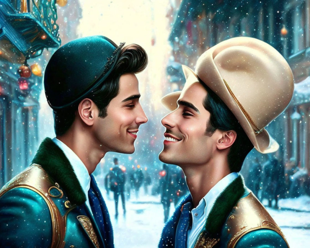 Vintage uniforms men smiling in snowy street scene