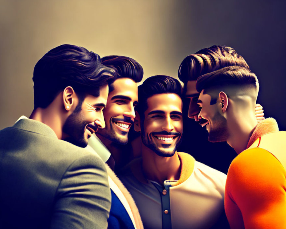 Four Men Laughing and Interacting Closely in Stylized Image