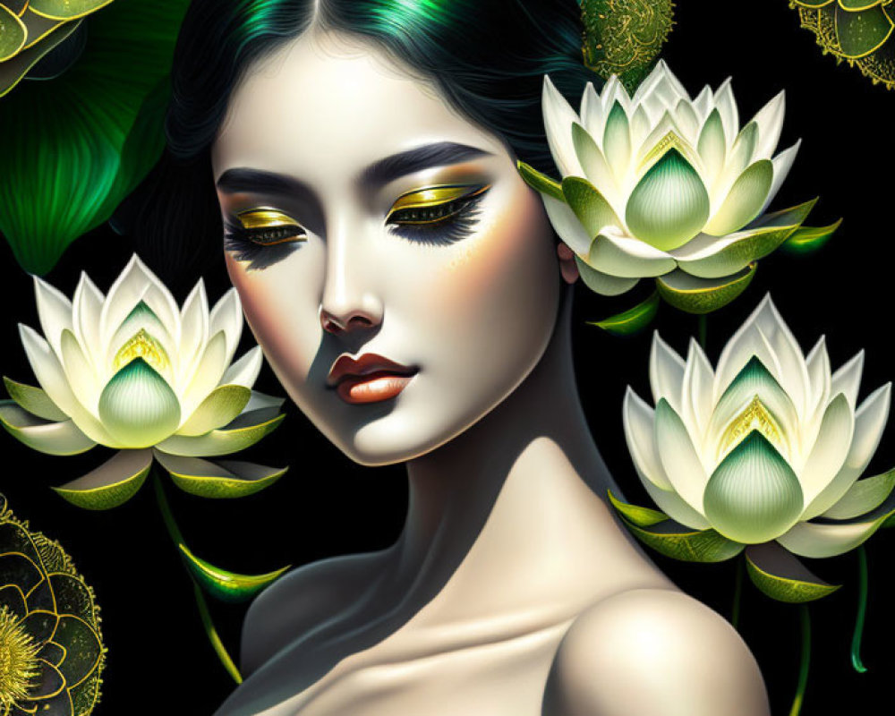 Stylized portrait of woman with dark hair and yellow eye makeup in lotus setting