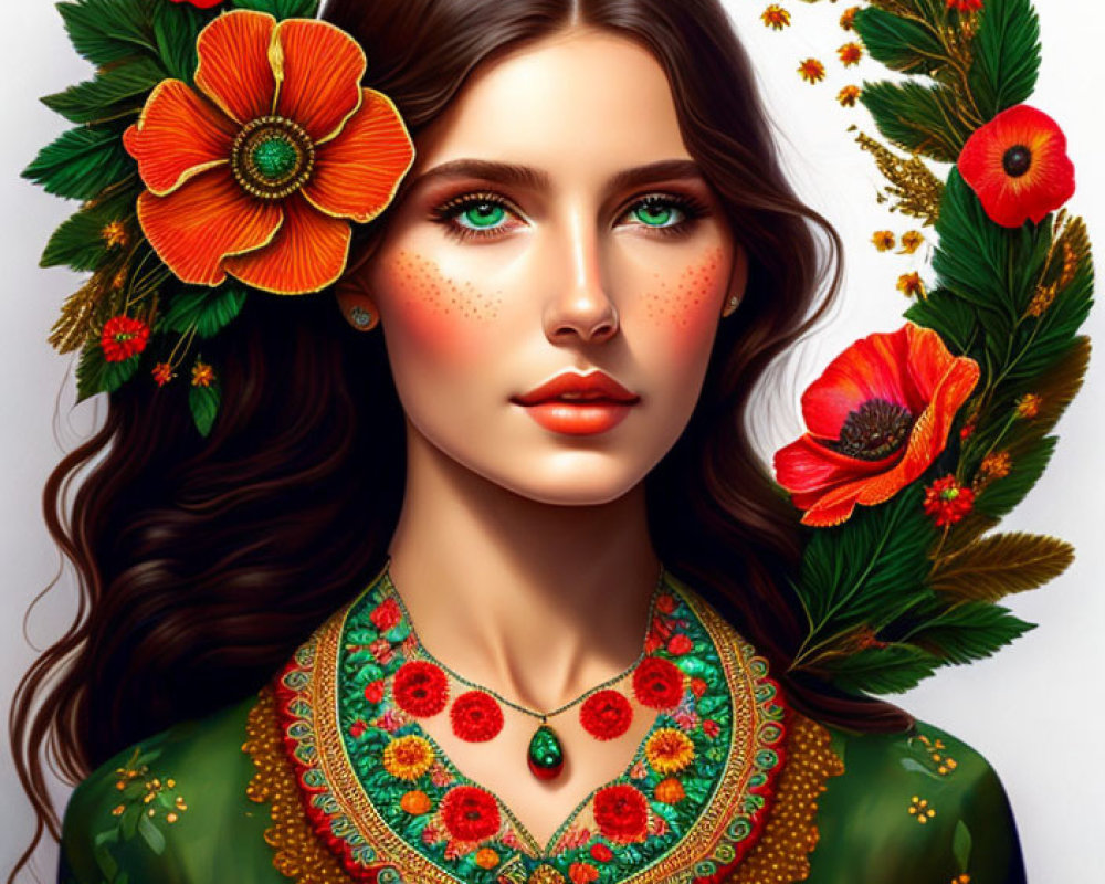 Illustration of woman with brown hair, green eyes, poppy flower wreath, and floral outfit