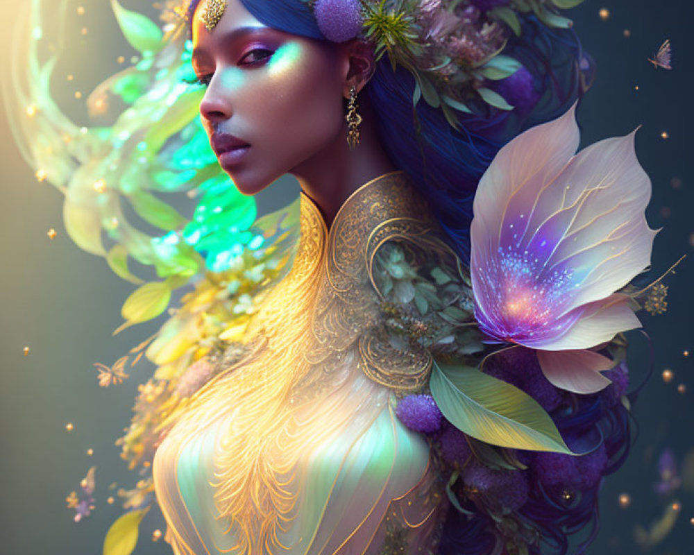 Vibrant blue skin woman with floral headpiece and golden dress