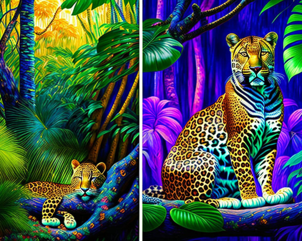 Vibrant illustration: jaguar and cub in lush jungle
