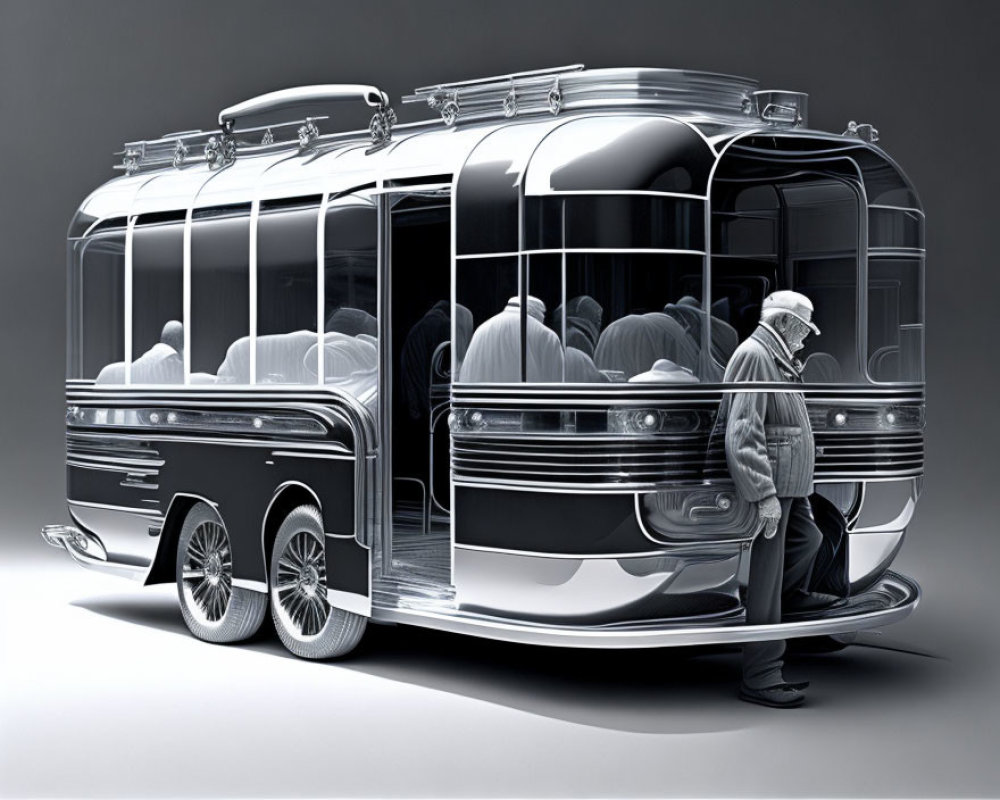 Monochrome futuristic bus illustration with passengers and reflective surfaces