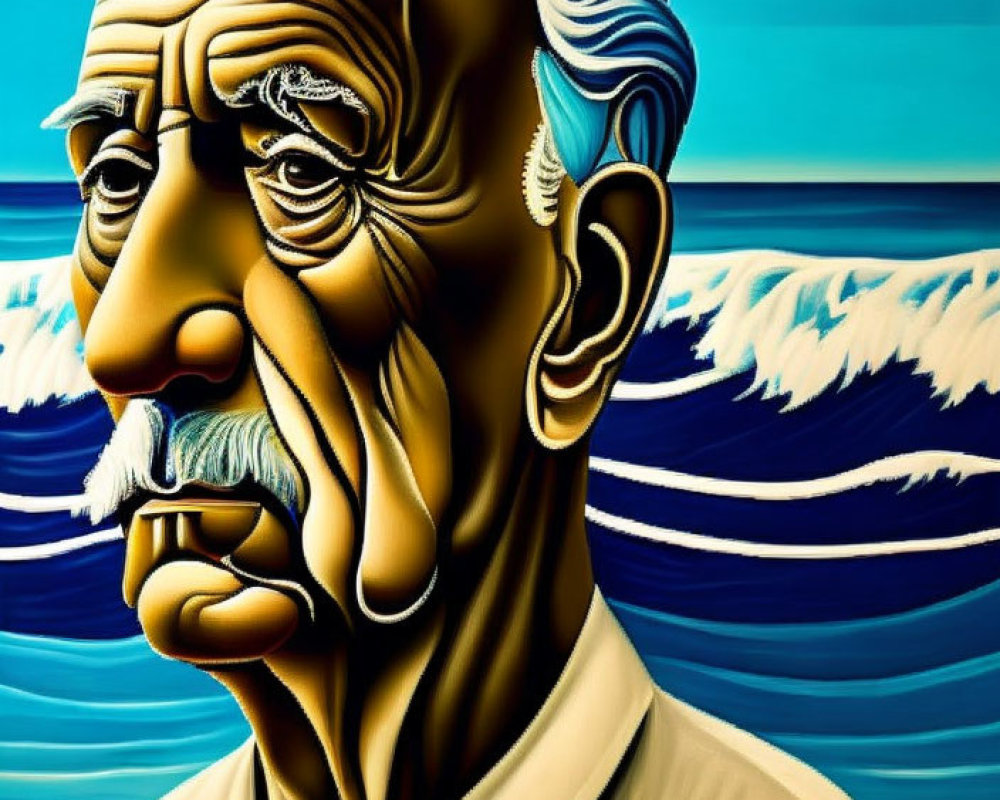 Vibrant stylized portrait of elderly man against wave patterns