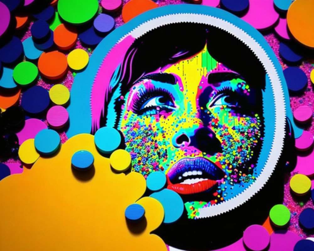 Vibrant pop art portrait of a woman on black background