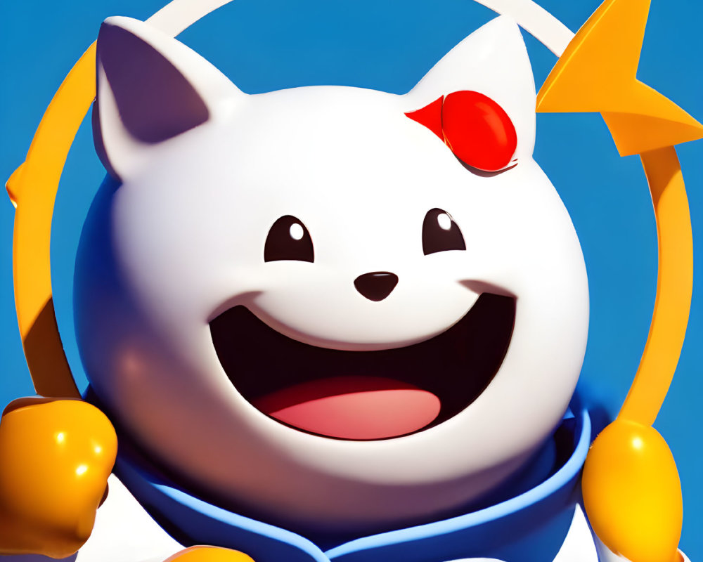 Blue and white robotic cat with red nose and bell collar on blue background