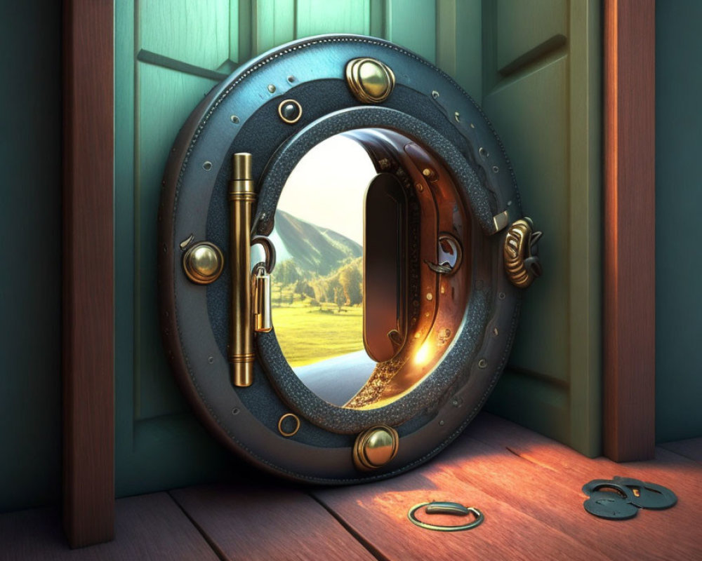Submarine-style porthole door in wooden wall unveils sunny landscape