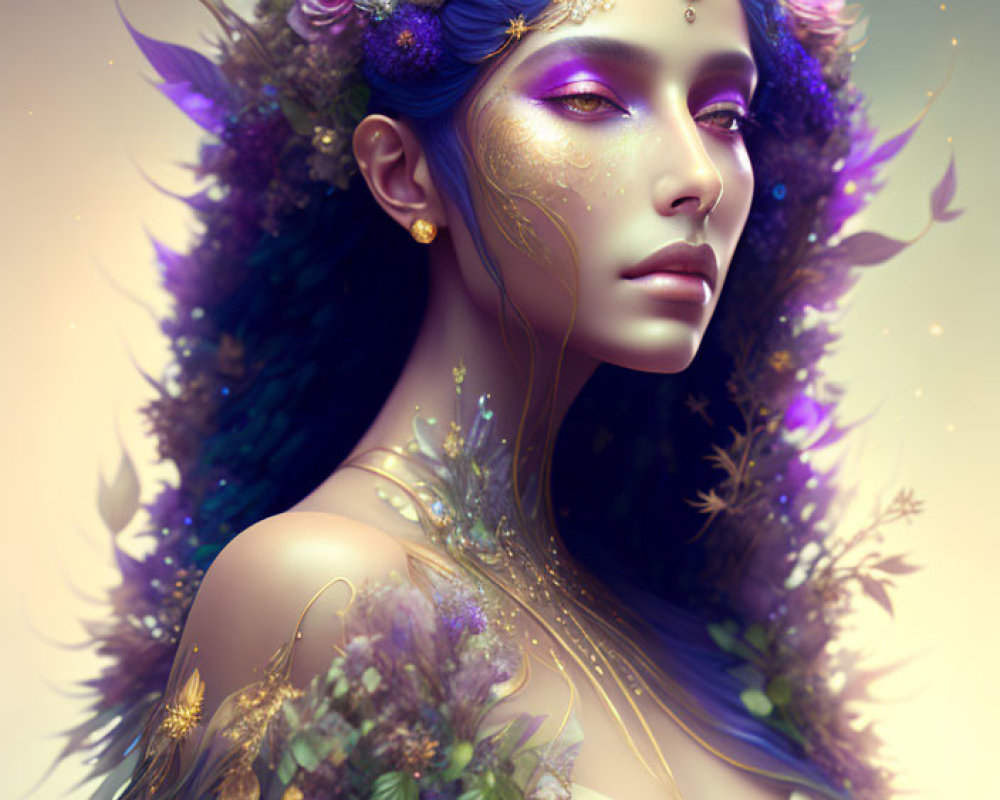 Blue-haired woman with floral crown and golden accents on serene background