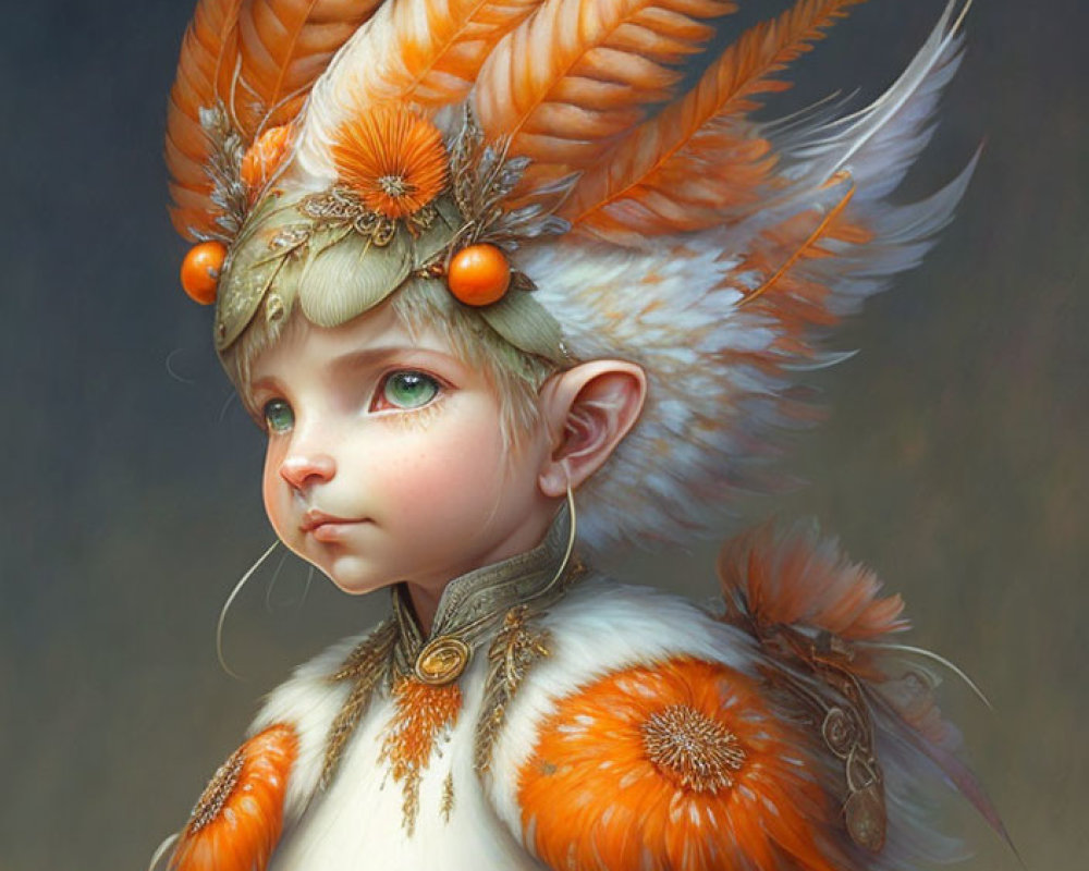 Fantasy creature illustration with elf-like ears in orange and white headdress.