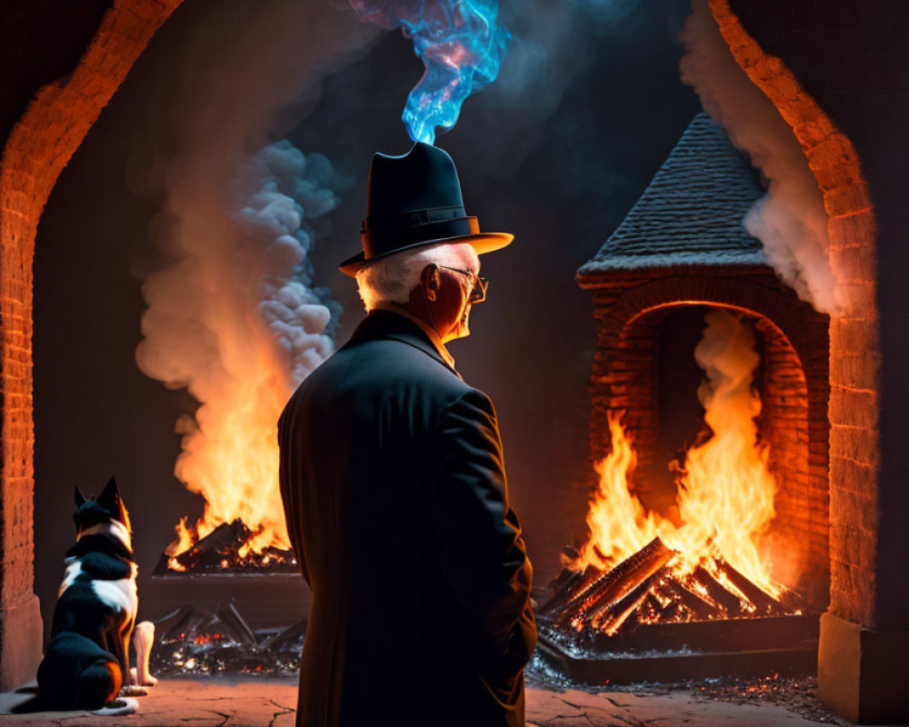 Man in suit and fedora by blazing fire with dog in dramatic setting